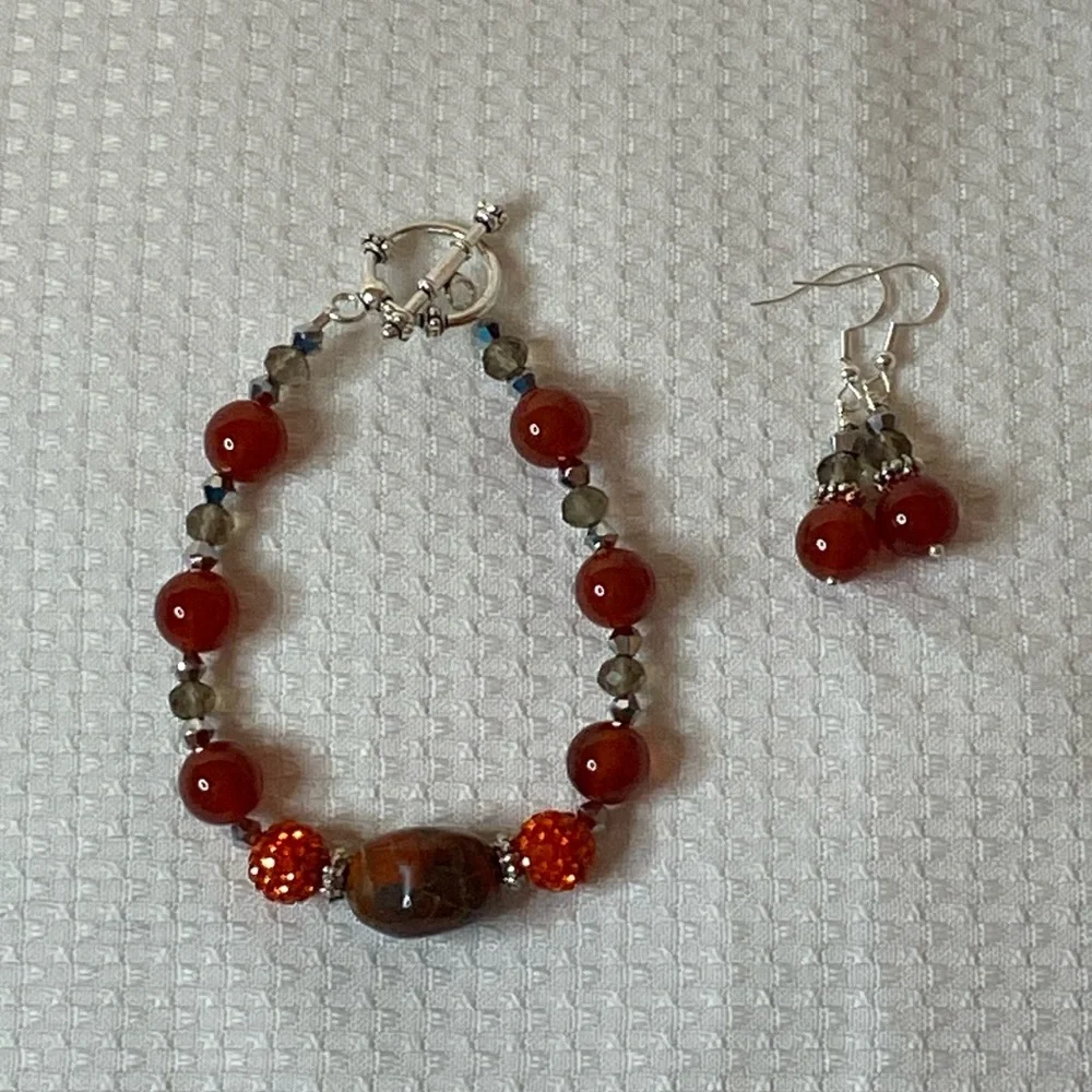 Handcrafted Carnelian and Crystal Bracelet and Earring Set - Picture 1 of 7